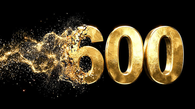 Dramatic golden 3D number 600 emerging from an explosion effect, ideal for financial, milestone, or achievement themes.