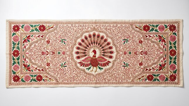 Traditional indian phulkari embroidery table runner with peacock motif