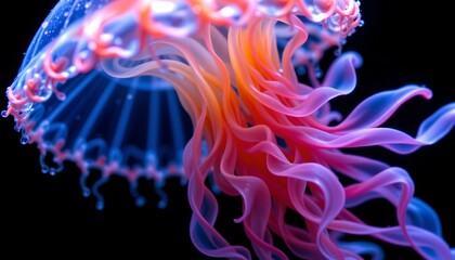 Obraz premium The image features a close up view of a jellyfish with vibrant, flowing tentacles in shades of pink and purple