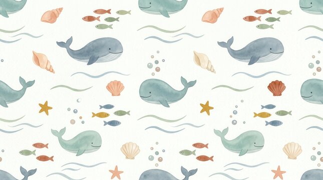 Repeating design of smiling whales, colorful fish, and seashells floating in ocean water