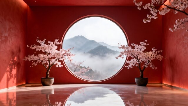 Red room with circular window and cherry trees