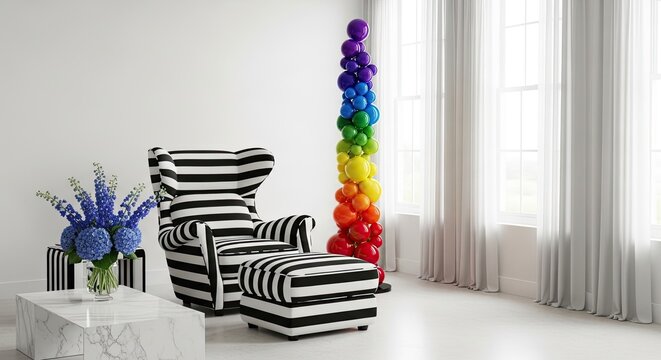 Modern living room interior with striking black and white striped armchair, ottoman, vibrant rainbow balloon column, and blue floral decor.