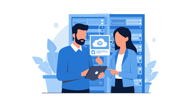 IT Professionals Managing Cloud Computing and Server Infrastructure Illustration with Technicians Working in Data Center