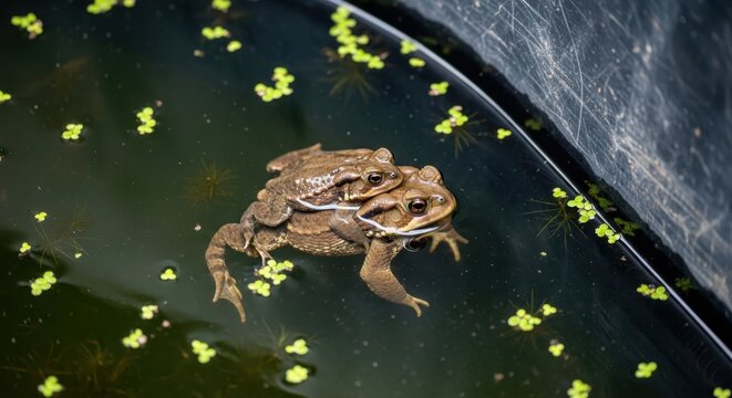 Two Common Toads Mating in a Dark Pond with Duckweed, Amplexus Behavio