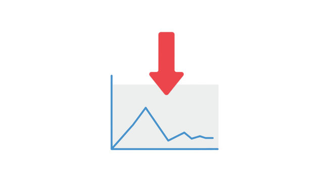 Red arrow pointing down on a fluctuating graph, illustrating decline or crisis