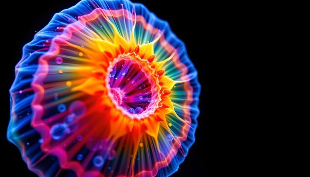 The image displays a vibrant, abstract light display resembling a swirling, multicolored vortex against a solid black background