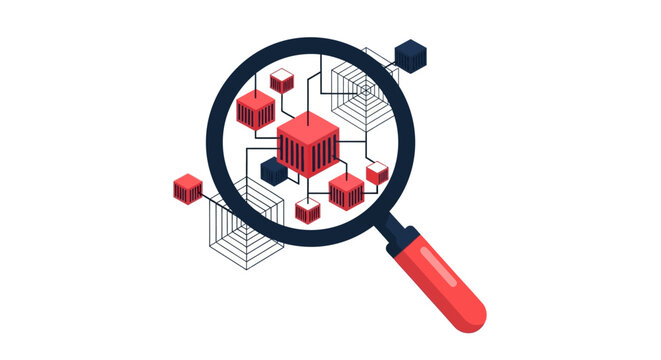 Blockchain and Big Data Analysis Concept with Magnifying Glass and Connected Network Cubes