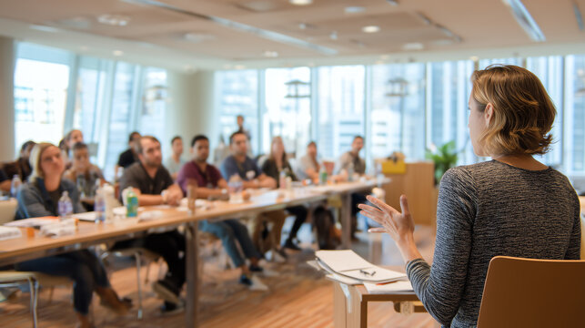 Presenter gesturing in front of a group of new hires seated at a long table during a corporate orientation session in a bright modern meeting room