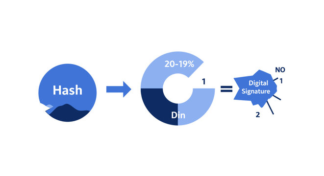 Digital Signature and Hashing Process Infographic for Cybersecurity and Data Authentication Concept