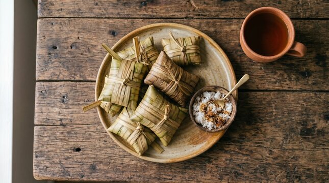 A top-down flat lay shot of Indonesian lepet sticky rice cakes wrapped in janur palm leaves, served on a ceramic platter with sweet grated coconut and a rustic clay mug of tea.