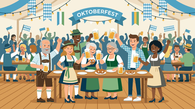 A heartwarming flat design illustration depicting a diverse, multigenerational group of people raising beer steins in a 'Prost!' gesture, celebrating Oktoberfest together. 