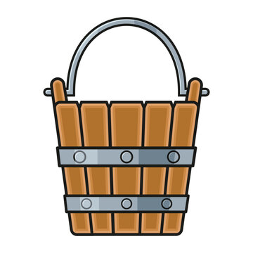 Empty wooden bucket in flat style on white background