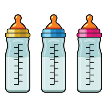 Three colorful baby bottles in flat style on white background