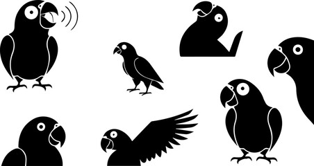 Cute Parrot Bird Silhouette Pattern Set – Tropical Macaw, Cockatoo Poses Vector Black Icons © MinhajulIslam