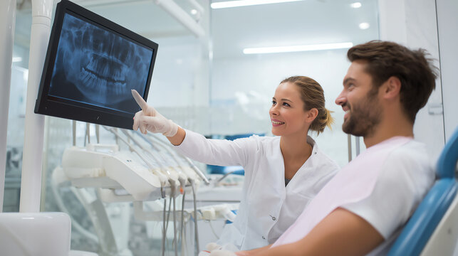 Dentist in a white coat points to a panoramic teeth x-ray on a screen while talking with a relaxed male patient seated in a bright dental clinic