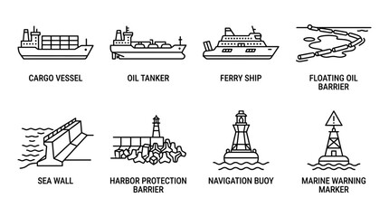 A collection of simple line art vector illustrations depicting various maritime vessels and harbor protection structures © CandyLove