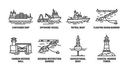 A collection of vector illustrations depicting various maritime and naval vessels and structures for marine operations. © CandyLove