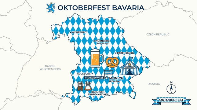 An informative flat design illustration of a stylized map of Bavaria, highlighting key Oktoberfest elements with clean, minimalist icons.