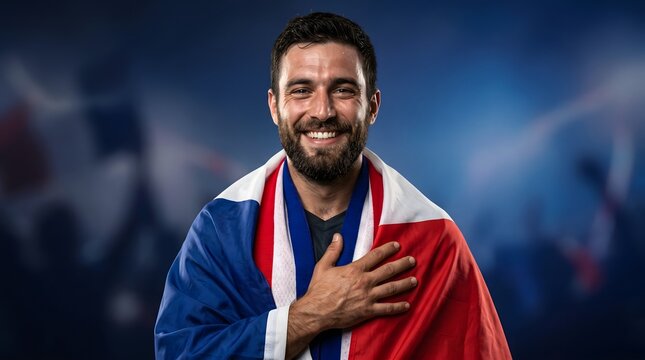 Smiling man wearing french flag over shoulders posing for camera as dedicated fan during major international sports event.