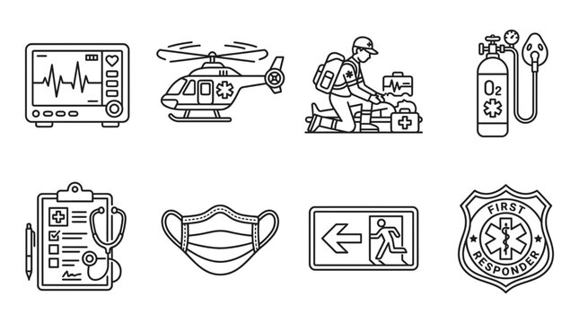 Vector graphic illustration of medical emergency equipment and first responder tools