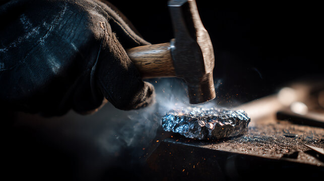 Detail of a gloved hand chipping slag off a fresh weld bead with a hammer as steam rises from the cooling metal under moody light