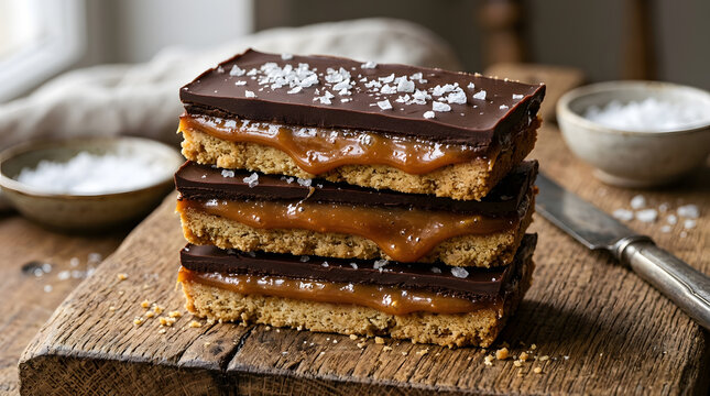 Homemade salted caramel millionaire shortbread bars | Chocolate caramel shortbread with sea salt flakes | Gourmet dessert bars with oozing caramel layer | Rustic food photography