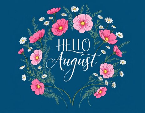A text graphic featuring the words HELLO August in stylized white script. The text is centrally positioned, surrounded by a vibrant floral arrangement