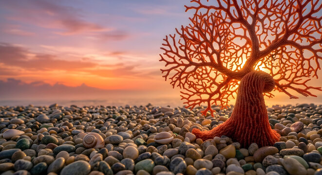 Red coral bonsai on beach at sunrise
