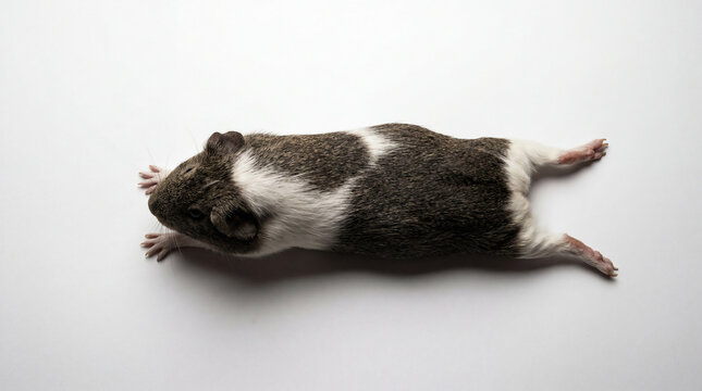 Overhead View of a Cute Agouti and White Guinea Pig Lying Flat on a White Studio Background, Relaxed Domestic Cavy Splooting