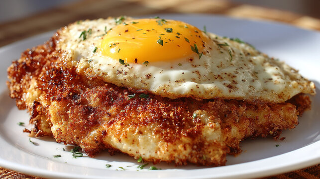 Crispy breaded schnitzel topped with a perfectly cooked fried egg on white plate