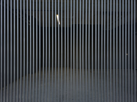 Vertical metal security bars enclosing a dark, dimly lit industrial space or parking garage with a single glowing fluorescent light fixture in the background.