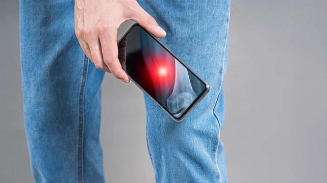 Man holding smartphone with digital x-ray of knee joint showing pain and inflammation, telemedicine concept, arthritis and degenerative changes