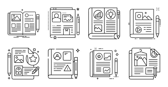 Flat design app interface icons and documents set - Colorful flat design icons showing apps, documents, and tools in a clean, organized layout for digital interfaces and presentations.