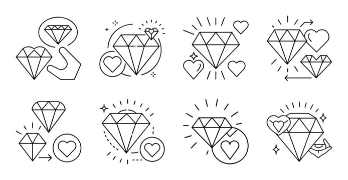 Colorful diamond and gemstone vector icons set - Bright and stylized diamond, ruby, sapphire, and emerald vector icons arranged in a clean, organized set for design use.
