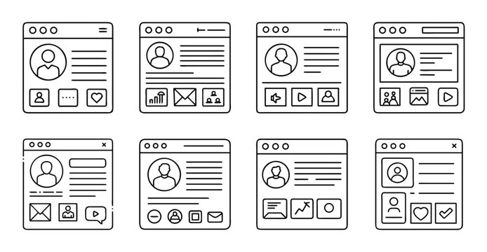 Flat design mobile app interface wireframes collection - Set of flat design mobile app wireframes showing various screens and layouts for user interface design projects.