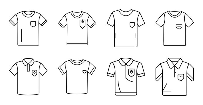 Eight vintage style polo shirts collection - Illustrated set of eight classic polo shirts in various styles and colors for fashion or branding use.