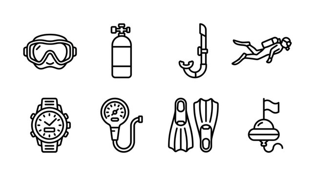 Collection of simple line art vector graphic icons representing scuba diving equipment and activity for design