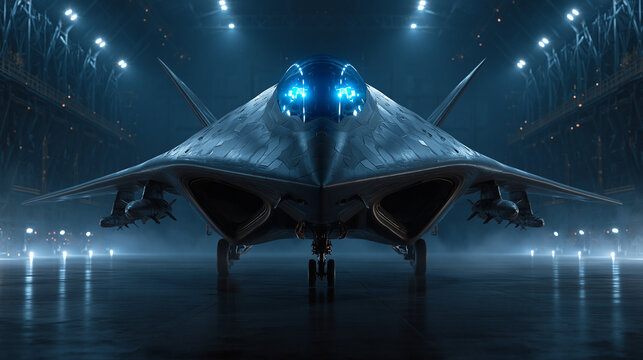 Innovative stealth aircraft unveiled in hangar futuristic design showcase high-tech environment dramatic perspective