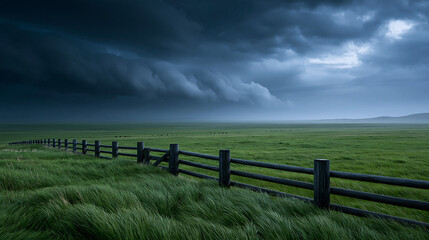Fototapeta premium Stormy skies over green pasture nature landscape photography dramatic atmosphere wide-angle view