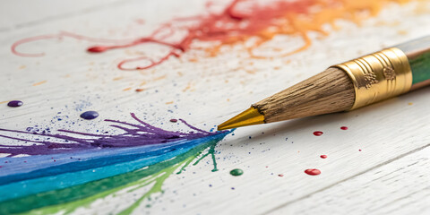 Fototapeta premium Artist pencil drawing colorful rainbow on white surface.
