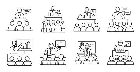 Obraz premium Business team presenting ideas with audience feedback - Flat vector illustration of a diverse team discussing and presenting concepts to an engaged audience in a meeting setting