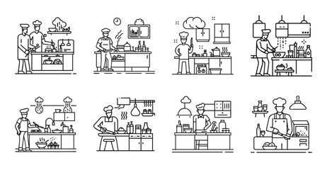 Obraz premium Flat icons of people doing daily activities - Colorful flat icons showing people engaged in everyday tasks like shopping, cooking, and working.