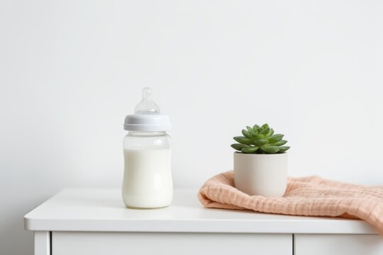 Baby bottle on a clean white dresser next to a small potted succulent and soft cloth