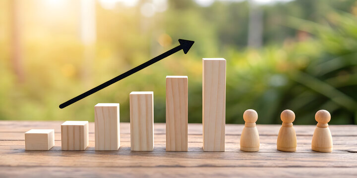 Wooden block chart showing growth with upward arrow and human figure icons on table surface.