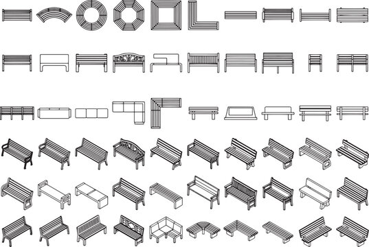 A collection of architectural drawings and sketches of various outdoor seating options and structures, showcasing different designs for park benches, garden seating, and urban furniture.