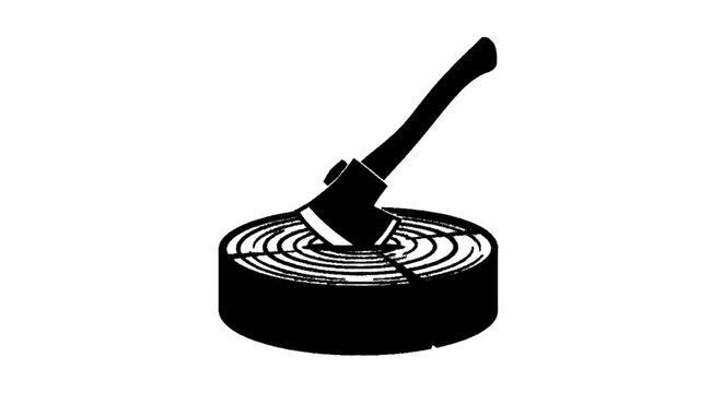 Minimal black silhouette icon, simple flat vector, bold black shape, no, no shading axe embedded in a wooden log cross section on a, flat icon style