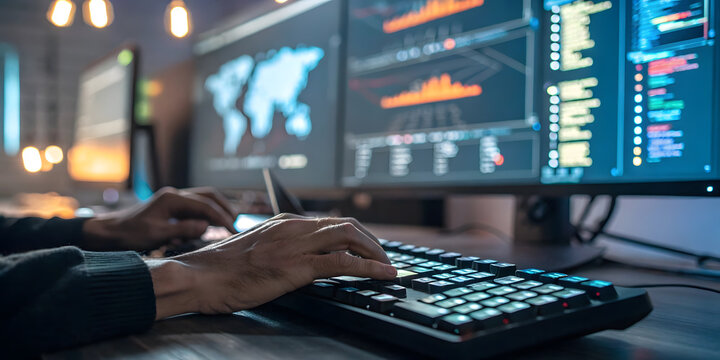 Computer programmer hands on keyboard, multiple monitors displaying data.