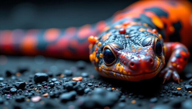 The image features a close up of a brightly colored salamander resting on a dark, textured surface scattered with small, rounded pebbles and particles