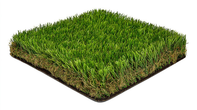 A square sample of green synthetic artificial turf grass on a plain white background