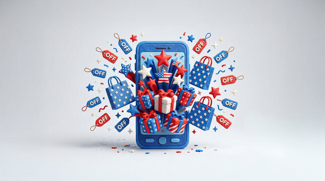 4th of July Online Shopping Sale 3D Concept with Smartphone and Gifts